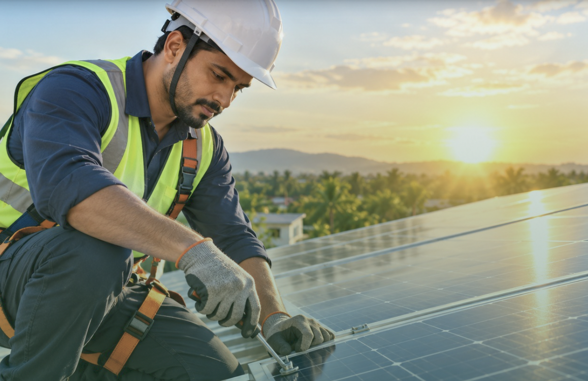 Technician installing solar panels at a rooftop site in Jajpur